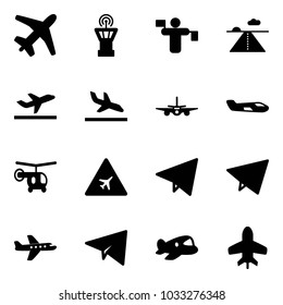 Solid vector icon set - plane vector, airport tower, traffic controller, runway, departure, arrival, small, helicopter, road sign, paper fly, toy