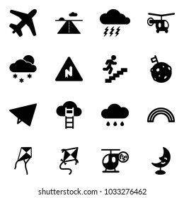 Solid vector icon set - plane vector, runway, storm, helicopter, snowfall, abrupt turn right road sign, career, moon flag, paper fly, cloud ladder, rain, rainbow, kite, toy, lamp