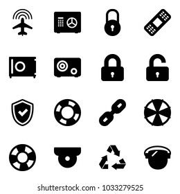 Solid vector icon set - plane radar vector, safe, lock, medical patch, locked, unlocked, shield check, lifebuoy, link, parasol, surveillance camera, recycling, protect glass