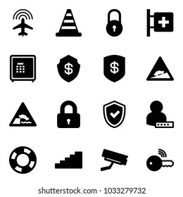 Solid vector icon set - plane radar vector, road cone, lock, first aid room, safe, climb sign, embankment, locked, shield check, user password, lifebuoy, stairs, surveillance camera, wireless key