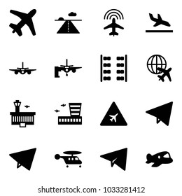 Solid vector icon set - plane vector, runway, radar, arrival, boarding passengers, seats, globe, airport building, road sign, paper fly, helicopter, toy