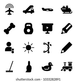Solid vector icon set - plane radar vector, trap truck, small, santa sleigh, broken bone, weight, presentation board, highlight marker, winner, sun, bezier, pencil, rake, brush, duck toy, train