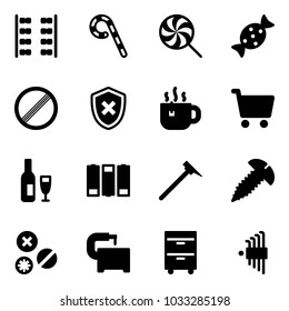 Solid vector icon set - plane seats vector, lollipop, candy, no limit road sign, shield cross, hot tea, cart, wine, battery, mason hammer, screw, rivet, machine tool, cabinet, allen key set