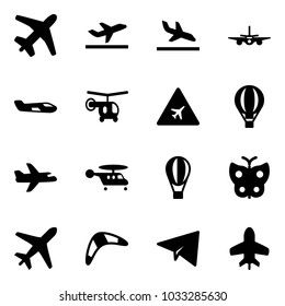 Solid vector icon set - plane vector, departure, arrival, small, helicopter, airport road sign, air balloon, butterfly, boomerang, paper, toy
