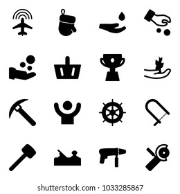 Solid vector icon set - plane radar vector, christmas glove, drop hand, investment, cash pay, basket, cup, sproute, rock axe, success, wheel, fretsaw, rubber hammer, jointer, drill machine