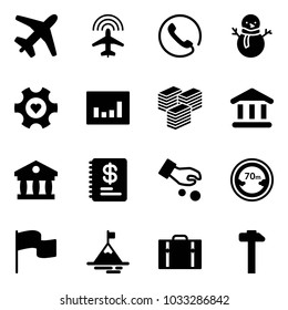 Solid vector icon set - plane vector, radar, phone, snowman, heart gear, statistics, big cash, bank, annual report, investment, limited distance road sign, flag, mountain, suitcase, hammer