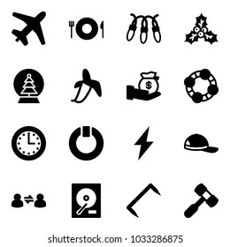 Solid vector icon set - plane vector, plate spoon fork, garland, holly, snowball tree, banana, investment, friends, time, standby, lightning, cap, information exchange, hdd, staple, toy hammer