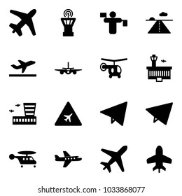 Solid vector icon set - plane vector, airport tower, traffic controller, runway, departure, helicopter, building, road sign, paper fly, toy