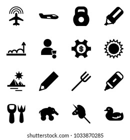 Solid vector icon set - plane radar vector, small, weight, highlight marker, growth, winner, money managemet, sun, pyramid, pencil, farm fork, shovel toy, elephant wheel, unicorn stick, duck