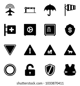 Solid vector icon set - plane radar vector, barrier, insurance, side wind, first aid room, safe, giving way road sign, traffic light, railway intersection, cow, prohibition, unlocked, shield