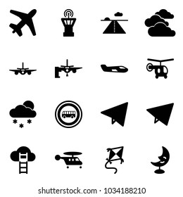 Solid vector icon set - plane vector, airport tower, runway, clouds, boarding passengers, small, helicopter, snowfall, no bus road sign, paper fly, cloud ladder, kite, moon lamp