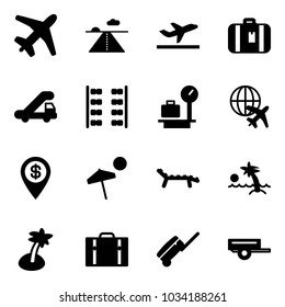 Solid vector icon set - plane vector, runway, departure, suitcase, trap truck, seats, baggage scales, globe, dollar pin, beach, lounger, palm, trailer