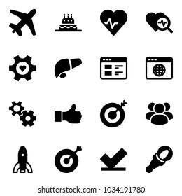 Solid vector icon set - plane vector, cake, heart pulse, diagnosis, gear, liver, website, browser globe, like, target, group, rocket, check, beanbag