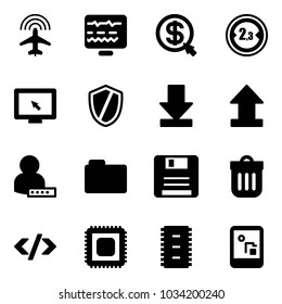 Solid vector icon set - plane radar vector, diagnostic monitor, money click, limited width road sign, cursor, shield, download, uplooad, user password, folder, save, trash bin, tag code, cpu, chip