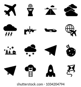 Solid vector icon set - plane vector, airport tower, runway, clouds, storm, boarding passengers, small, globe, christmas landscape, snowfall, paper fly, moon flag, cloud ladder, rocket, kite
