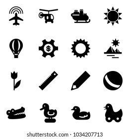 Solid vector icon set - plane radar vector, helicopter, santa sleigh, sun, air balloon, money managemet, pyramid, tulip, ruler, pencil, ball, crocodile, toy duck