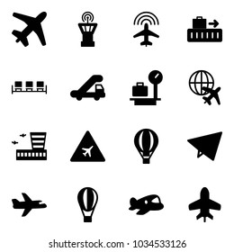 Solid vector icon set - plane vector, airport tower, radar, baggage, waiting area, trap truck, scales, globe, building, road sign, air balloon, paper fly, toy