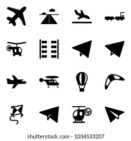 Solid vector icon set - plane vector, runway, arrival, baggage truck, helicopter, seats, paper fly, air balloon, boomerang, kite, toy