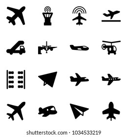 Solid vector icon set - plane vector, airport tower, radar, departure, trap truck, boarding passengers, small, helicopter, seats, paper fly, toy