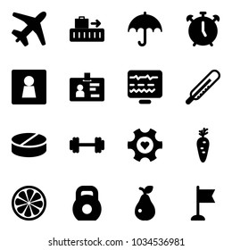 Solid vector icon set - plane vector, baggage, insurance, alarm clock, female wc, identity, diagnostic monitor, thermometer, pill, barbell, heart gear, carrot, lemon slice, weight, pear, flag
