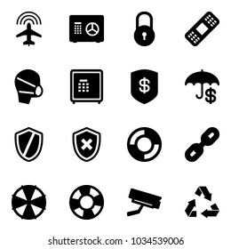 Solid vector icon set - plane radar vector, safe, lock, medical patch, mask, insurance, shield, cross, lifebuoy, link, parasol, surveillance camera, recycling