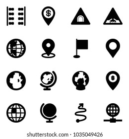 Solid vector icon set - plane seats vector, dollar pin, tunnel road sign, drawbridge, globe, map, flag, man, atm, trip