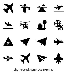 Solid vector icon set - plane vector, traffic controller, runway, departure, arrival, helicopter, baggage scales, globe, airport road sign, paper, fly, toy