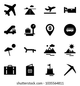 Solid vector icon set - plane vector, runway, departure, hotel, trap truck, baggage scales, dollar pin, bus road sign, beach, lounger, mountains, pyramid, suitcase, passport, sand castle, axe