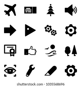 Solid vector icon set - plane vector, ticket, christmas tree, volume medium, right arrow, play, gears, gear, certificate, finger up, waves, forest, eye scanner, wrench, work knife
