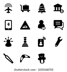 Solid vector icon set - plane radar vector, baggage, christmas tree, account, mobile payment, car crash road sign, user login, chat, idea, chess queen, identity card, wrench, forceps, boomerang