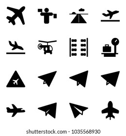 Solid vector icon set - plane vector, traffic controller, runway, departure, arrival, helicopter, seats, baggage scales, airport road sign, paper, fly, toy