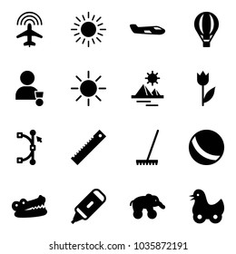 Solid vector icon set - plane radar vector, sun, small, air balloon, winner, pyramid, tulip, bezier, ruler, rake, ball, crocodile, marker, elephant wheel, toy duck