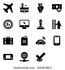 Solid vector icon set - plane vector, airport building, heart, cash, limited height road sign, monitor cursor, pawn, opportunity, suitcase, passport, car wireless, mobile phone, game console, globe