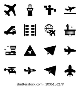 Solid vector icon set - plane vector, airport tower, traffic controller, departure, trap truck, seats, globe, building, road sign, paper fly, helicopter, toy