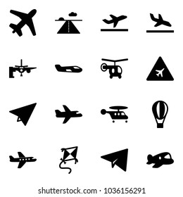 Solid vector icon set - plane vector, runway, departure, arrival, boarding passengers, small, helicopter, airport road sign, paper, air balloon, kite, toy
