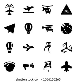 Solid vector icon set - plane radar vector, departure, helicopter, side wind road sign, paper fly, air balloon, ball, kite, mill, protect glass, dryer, toy
