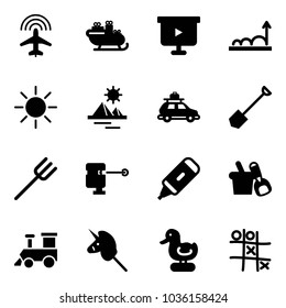 Solid vector icon set - plane radar vector, santa sleigh, presentation board, growth, sun, pyramid, car baggage, shovel, farm fork, laser lever, marker, bucket, toy train, unicorn stick, duck