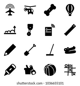 Solid vector icon set - plane radar vector, helicopter, broken bone, air balloon, growth, piston, server wireless, ruler, pencil, shovel, rake, crocodile, marker, bucket, basketball, Tic tac toe