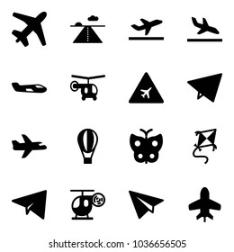 Solid vector icon set - plane vector, runway, departure, arrival, small, helicopter, airport road sign, paper fly, air balloon, butterfly, kite, toy