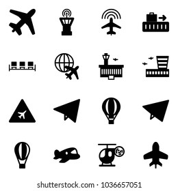 Solid vector icon set - plane vector, airport tower, radar, baggage, waiting area, globe, building, road sign, paper fly, air balloon, toy, helicopter