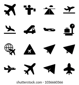 Solid vector icon set - plane vector, traffic controller, runway, departure, arrival, trap truck, small, baggage scales, globe, airport road sign, paper, fly, toy