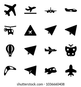 Solid vector icon set - plane vector, departure, small, helicopter, airport road sign, paper, fly, air balloon, butterfly, boomerang, toy