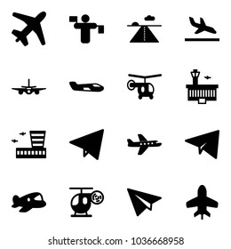 Solid vector icon set - plane vector, traffic controller, runway, arrival, small, helicopter, airport building, paper fly, toy