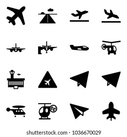 Solid vector icon set - plane vector, runway, departure, arrival, boarding passengers, small, helicopter, airport building, road sign, paper fly, toy