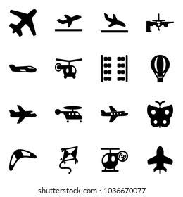 Solid vector icon set - plane vector, departure, arrival, boarding passengers, small, helicopter, seats, air balloon, butterfly, boomerang, kite, toy