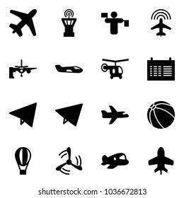 Solid vector icon set - plane vector, airport tower, traffic controller, radar, boarding passengers, small, helicopter, schedule, paper fly, ball, air balloon, wind mill, toy