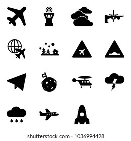 Solid vector icon set - plane vector, airport tower, clouds, boarding passengers, globe, christmas landscape, road sign, artificial unevenness, paper fly, moon flag, helicopter, storm, rain cloud