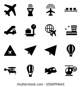 Solid vector icon set - plane vector, airport tower, radar, waiting area, trap truck, baggage scales, globe, building, road sign, paper, fly, air balloon, helicopter, toy