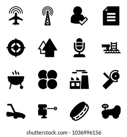 Solid vector icon set - plane radar vector, antenna, user check, document, target, arrow up, microphone, pool, grill, atom core, plant, Angular grinder, lawn mower, laser lever, tambourine, baby car