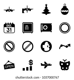 Solid vector icon set - plane vector, boarding passengers, christmas tree, ball, 31 dec calendar, safe, prohibition road sign, no limit, globe, chart point arrow, open, dollar, butterfly